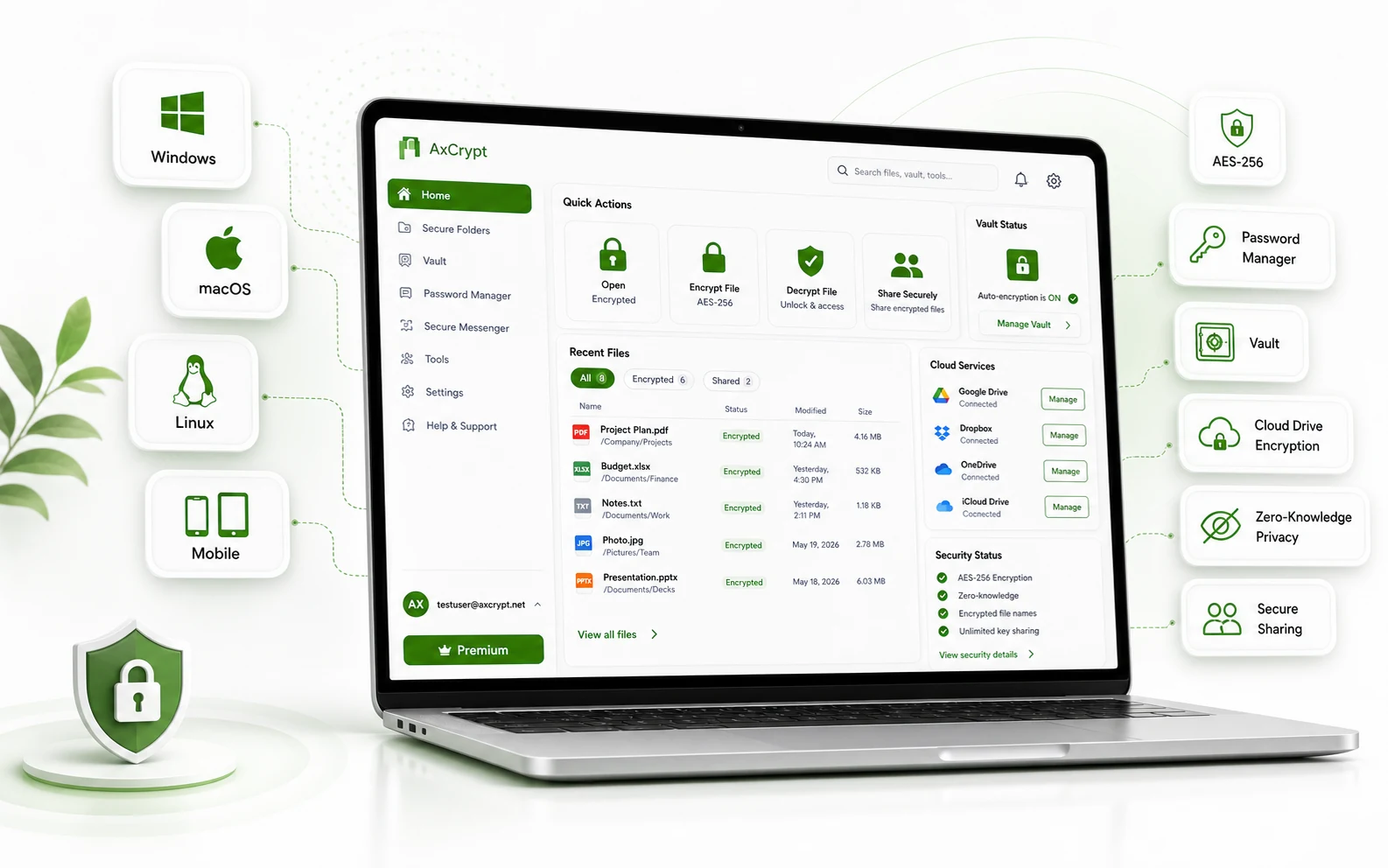 Interfaz de AxCrypt con acciones rápidas, archivos recientes cifrados, servicios en la nube y estado de seguridad.