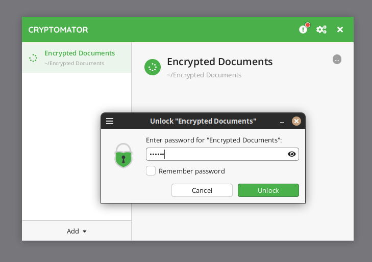 Captura de pantalla de Cryptomator desbloqueando una bóveda cifrada en Linux.