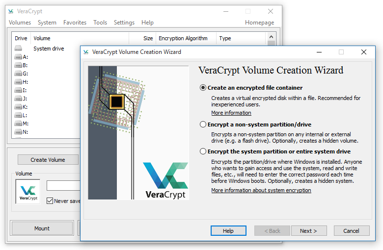 Captura de pantalla de VeraCrypt con el asistente de creación de volúmenes cifrados en Windows.