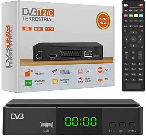 DVB-T2 Receptor Digital Terrestre HDMI TV Stick HD 1080P H.265 HEVC 10 bits, compatible con USB WiFi/Multimedia PVR/Recibe para todos los canales de TV gratis [2 en 1 mando a distancia universal]