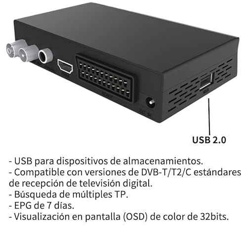 Ostark Euro T2 Receptor Terrestre TDT TDT2 FTA DVB-T2 DVB-C, H.265 HEVC Full HD PVR, Dual USB, Dual LNB para Dos televisiones, SCART, HDMI Coaxial